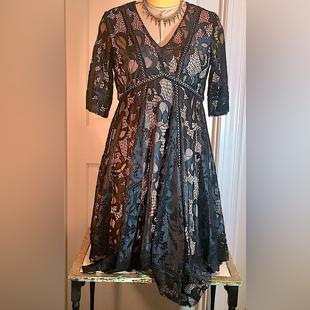 TAYLOR Black Lace Vneck short sleeve Fit and flare midi dress Pink lining SIze 6 - Picture 3 of 14